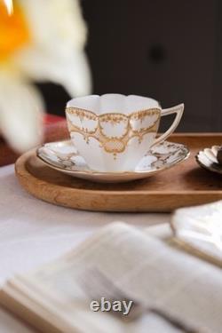 Antique Shelley Art Deco Queen Anne Shape Gold Lace Cup Saucer And Plate Trio