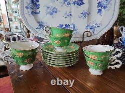 Antique Spode Copeland 6 Cups & 7 Saucers Green Gold Gilded Florals 2899
