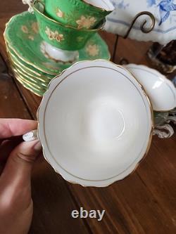 Antique Spode Copeland 6 Cups & 7 Saucers Green Gold Gilded Florals 2899