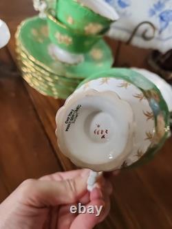 Antique Spode Copeland 6 Cups & 7 Saucers Green Gold Gilded Florals 2899