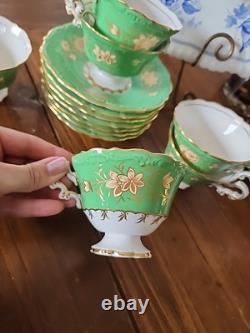 Antique Spode Copeland 6 Cups & 7 Saucers Green Gold Gilded Florals 2899