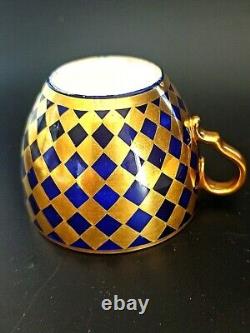 Antique Spode Cup & Saucer, Hand Painted Cobalt Background Gold Checker Design