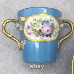 Antique Trembleuse Sevres Style Flowers Gold Blue Chocolate Deep Cup Saucer