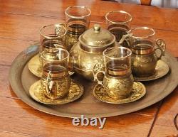 Antique Turkish Metal Coffee / Tea Set For 6 Displaying On Tray Cups Saucers Pot