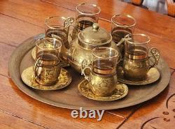 Antique Turkish Metal Coffee / Tea Set For 6 Displaying On Tray Cups Saucers Pot
