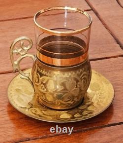 Antique Turkish Metal Coffee / Tea Set For 6 Displaying On Tray Cups Saucers Pot