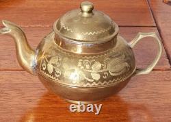 Antique Turkish Metal Coffee / Tea Set For 6 Displaying On Tray Cups Saucers Pot