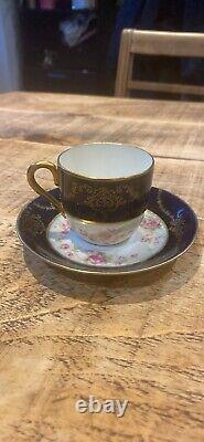 Antique Victoria Cobalt Blue And Rose Design Gold Filigree Dish Set #298