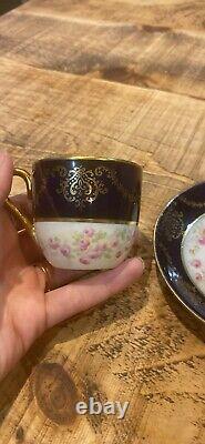 Antique Victoria Cobalt Blue And Rose Design Gold Filigree Dish Set #298