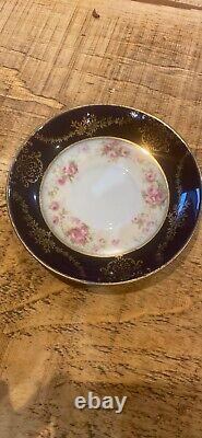Antique Victoria Cobalt Blue And Rose Design Gold Filigree Dish Set #298
