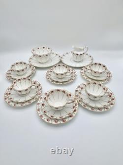 Antique Victorian Wildblood Heath Gold Lattice Pink Rose Porcelain Tea Set 6