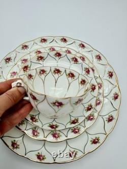 Antique Victorian Wildblood Heath Gold Lattice Pink Rose Porcelain Tea Set 6