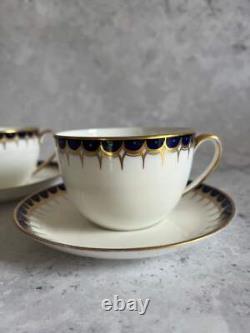 Antique Wedgwood Y1863 Pair Of Tea Cups & Saucers Hand Painted Cobalt Blue Gold
