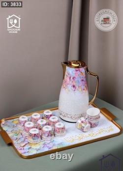 Arabic Calligraphy Coffee Set Floral Pot 6 Cups Saucers Gold Trim Luxury Gift
