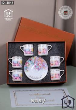 Arabic Calligraphy Coffee Set Floral Pot 6 Cups Saucers Gold Trim Luxury Gift Arabic Calligraphy Coffee Set Floral Pot 6 Cups Saucers Gold Trim Luxury Gift
