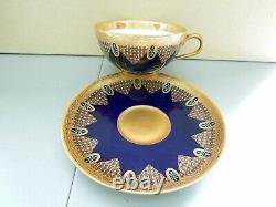 Art Deco Hutschenreuther Tea Cup Saucer Cobalt Gold Raised Turquoise Stars 1914