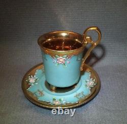 Atq Turquoise Roses Flower Heavy Gold Demitasse Cup & Saucer Teacup Footed Mark