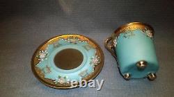 Atq Turquoise Roses Flower Heavy Gold Demitasse Cup & Saucer Teacup Footed Mark