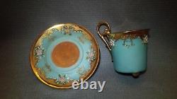 Atq Turquoise Roses Flower Heavy Gold Demitasse Cup & Saucer Teacup Footed Mark