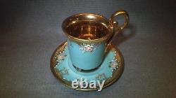 Atq Turquoise Roses Flower Heavy Gold Demitasse Cup & Saucer Teacup Footed Mark