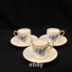 Aynsley 3 Cups & 3 Saucers #2495 Hand Painted Cabbage Rose Blue Gold 1934-1939