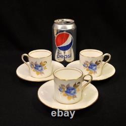 Aynsley 3 Cups & 3 Saucers #2495 Hand Painted Cabbage Rose Blue Gold 1934-1939