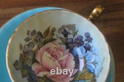 Aynsley Bailey Cabbage Rose Poppy Bouquet Turquoise Gold Teacup Tea Cup Saucer