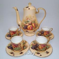 Aynsley Bone China Orchard Gold Fruit Coffee Pot & 4 Demitasse Cup Saucer Sets