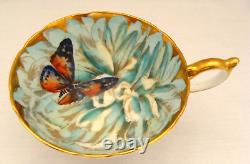 Aynsley Butterfly On Chrysanthemum Flower Cup & Saucer Light Blue With Gold Trim