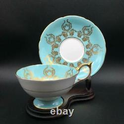 Aynsley Cabbage Rose 2347 Blue & Gold Pedestal Tea Cup & Saucer Set Bailey Cs90