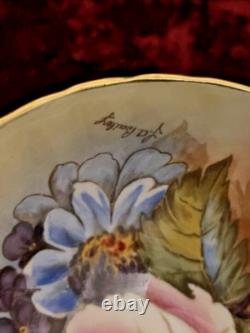 Aynsley Cabbage Rose Cup And Saucer Signed By J. A. Bailey. Gold Footed Cup
