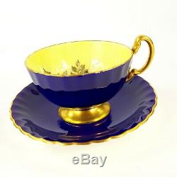 Aynsley Cabbage Rose Tea Cup & Saucer Signed J A Bailey Royal Blue Gold 1033