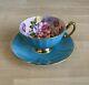 Aynsley Cabbage Roses Cabinet Tea Cup And Saucer Turquoise Blue With Gold Trim