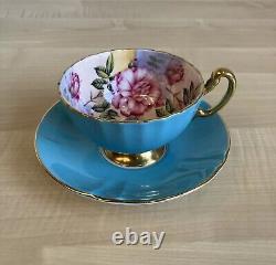 Aynsley Cabbage Roses Cabinet Tea Cup and Saucer Turquoise Blue with Gold Trim