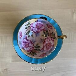 Aynsley Cabbage Roses Cabinet Tea Cup and Saucer Turquoise Blue with Gold Trim