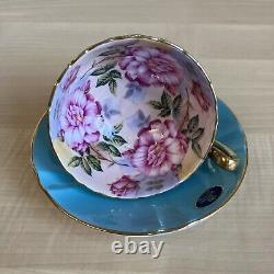 Aynsley Cabbage Roses Cabinet Tea Cup and Saucer Turquoise Blue with Gold Trim