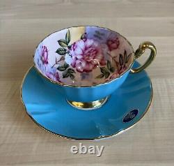 Aynsley Cabbage Roses Cabinet Tea Cup and Saucer Turquoise Blue with Gold Trim