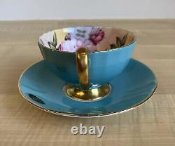 Aynsley Cabbage Roses Cabinet Tea Cup and Saucer Turquoise Blue with Gold Trim