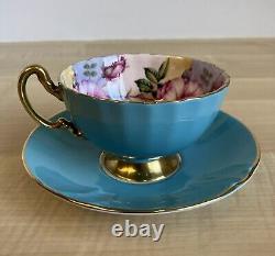 Aynsley Cabbage Roses Cabinet Tea Cup and Saucer Turquoise Blue with Gold Trim