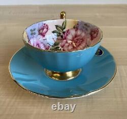 Aynsley Cabbage Roses Cabinet Tea Cup and Saucer Turquoise Blue with Gold Trim