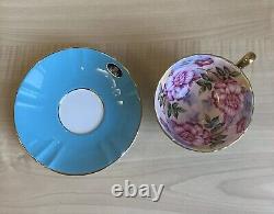 Aynsley Cabbage Roses Cabinet Tea Cup and Saucer Turquoise Blue with Gold Trim