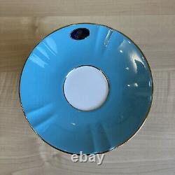 Aynsley Cabbage Roses Cabinet Tea Cup and Saucer Turquoise Blue with Gold Trim