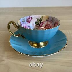 Aynsley Cabbage Roses Cabinet Tea Cup and Saucer Turquoise Blue with Gold Trim