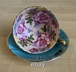 Aynsley Cabbage Roses Cabinet Tea Cup and Saucer Turquoise Blue with Gold Trim