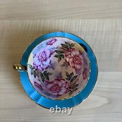 Aynsley Cabbage Roses Cabinet Tea Cup and Saucer Turquoise Blue with Gold Trim