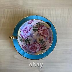 Aynsley Cabbage Roses Cabinet Tea Cup and Saucer Turquoise Blue with Gold Trim