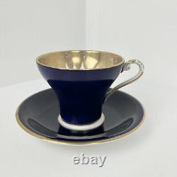 Aynsley Corset Tea Cup & Saucer Royal Blue Gold Filigree Bone China Bridgerton