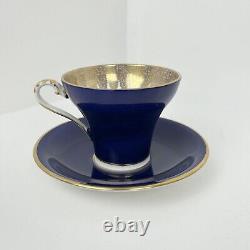 Aynsley Corset Tea Cup & Saucer Royal Blue Gold Filigree Bone China Bridgerton
