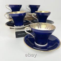 Aynsley Corset Tea Cup & Saucer Royal Blue Gold Filigree Bone China Bridgerton