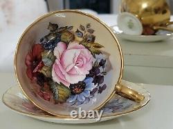 Aynsley Cup & Saucer J A Bailey Cabbage Rose Floral and Gold
